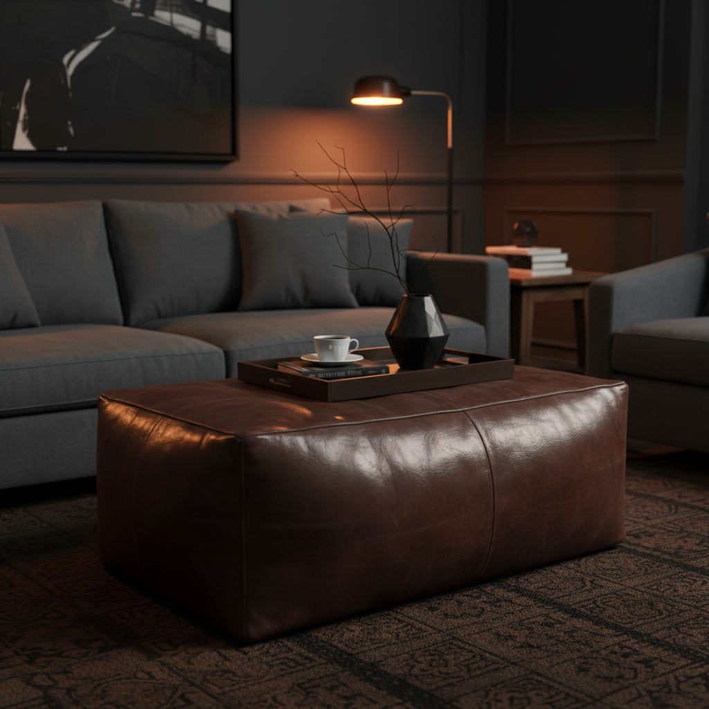 Moroccan Leather Pouf / Ottoman - Rectangular - Brown - Nelya