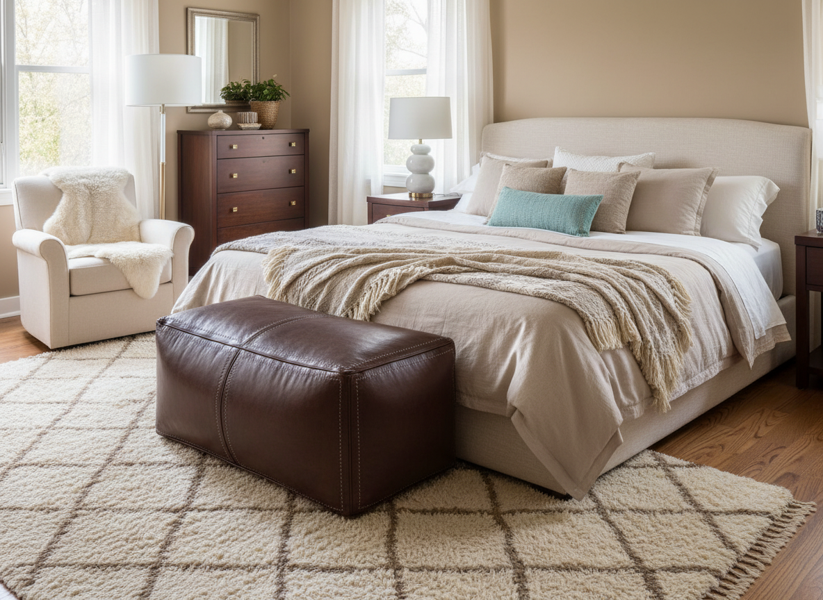 Moroccan Leather Pouf / Ottoman - Rectangular - Brown - Salwa