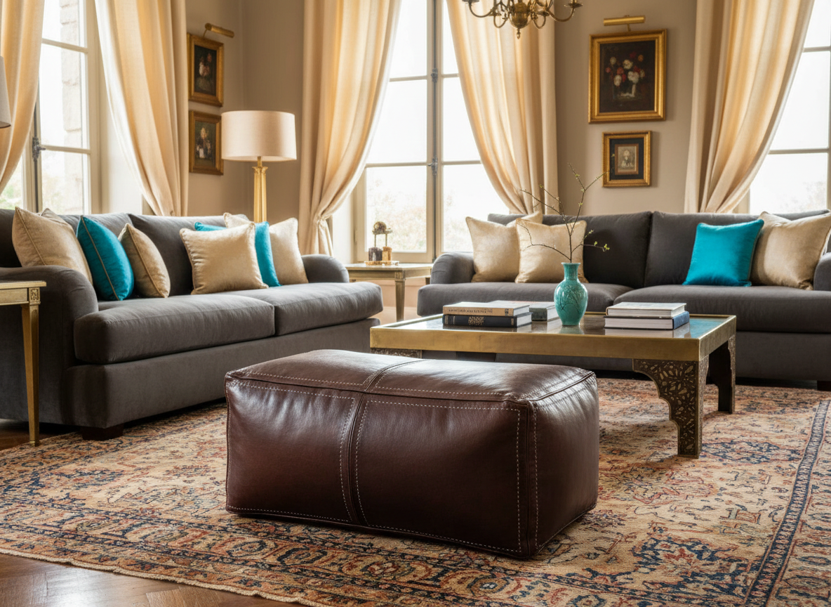 Moroccan Leather Pouf / Ottoman - Rectangular - Brown - Salwa