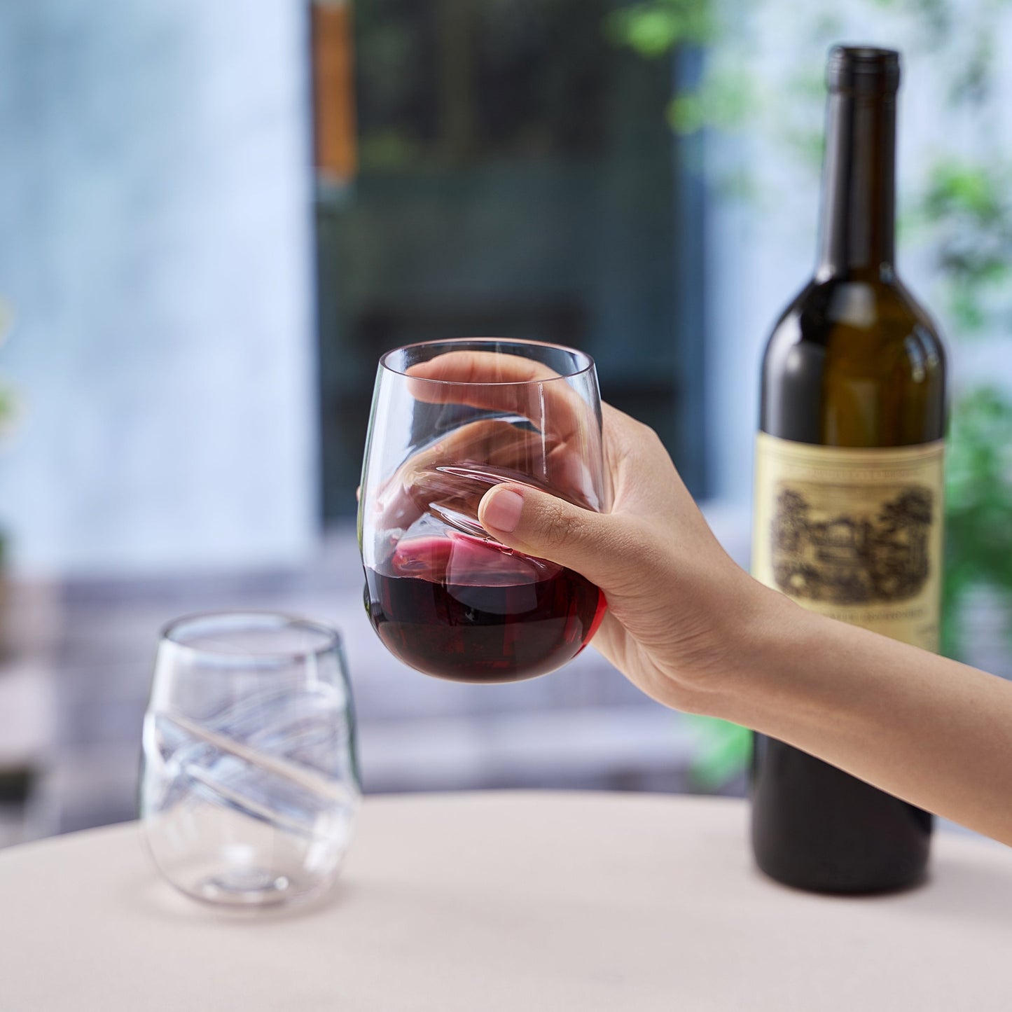 Barcelona Acrylic Stemless Finger-Indent Wine Glassware, Set of 2