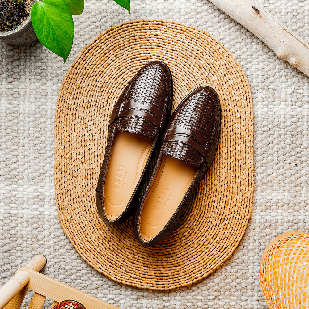 15-585-BRN NICOLA Italian Calfskin Basketweave, Dark  Brown