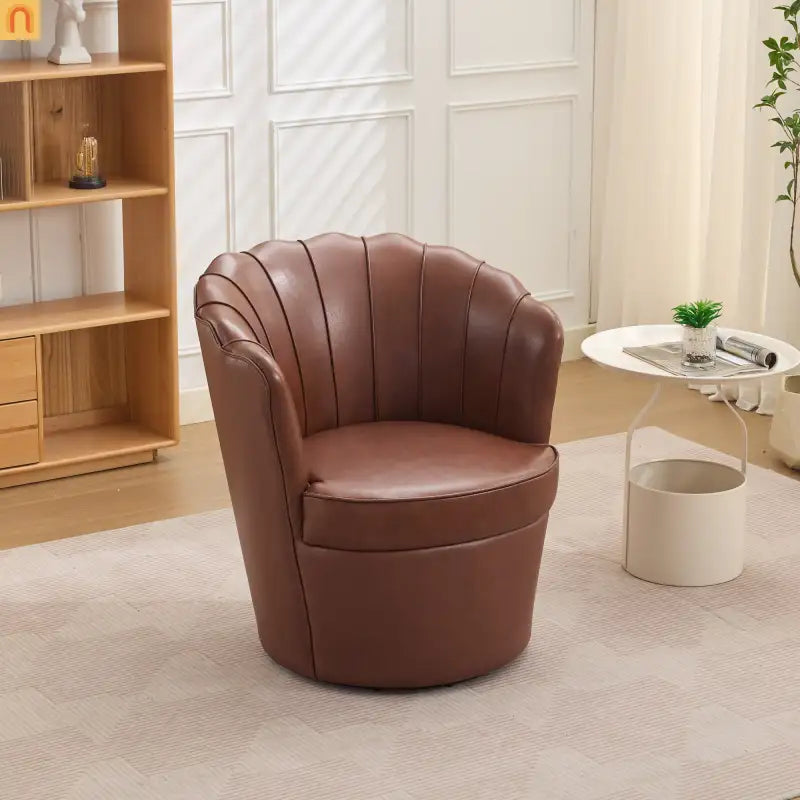 Wingback Swivel Chair Genuine Leather Brown 360 Degree Metal Base