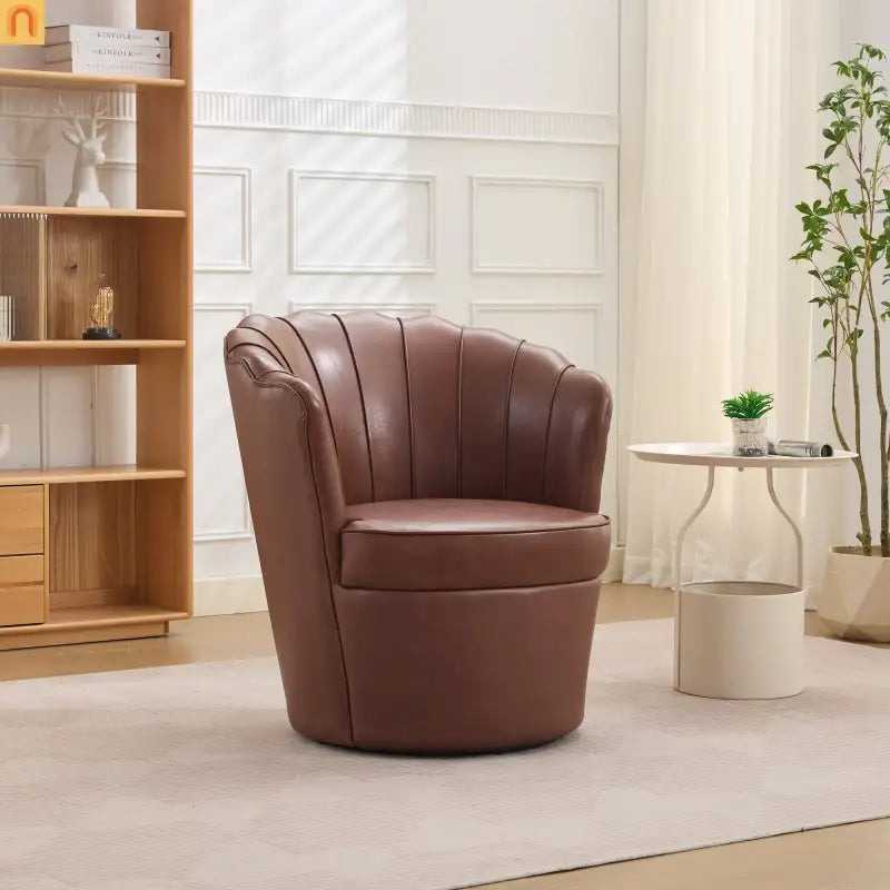 Wingback Swivel Chair Genuine Leather Brown 360 Degree Metal Base
