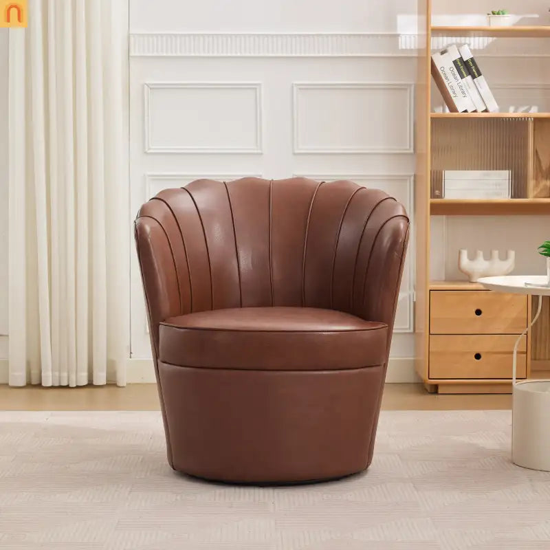 Wingback Swivel Chair Genuine Leather Brown 360 Degree Metal Base