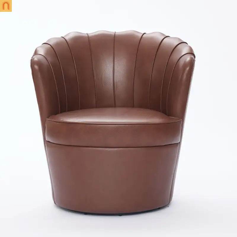 Wingback Swivel Chair Genuine Leather Brown 360 Degree Metal Base