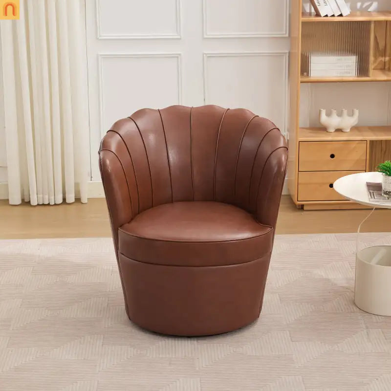 Wingback Swivel Chair Genuine Leather Brown 360 Degree Metal Base