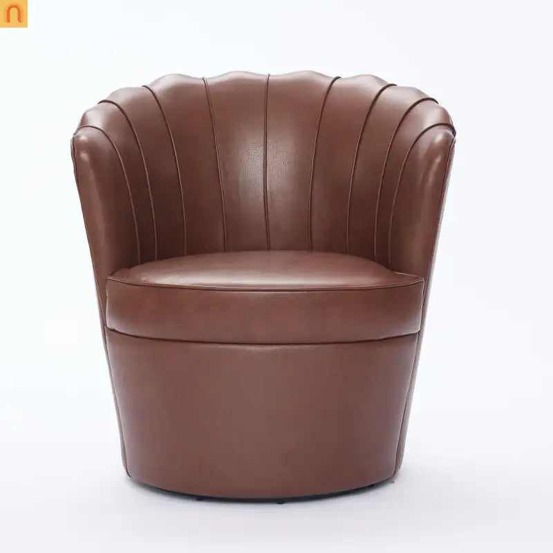 Wingback Swivel Chair Genuine Leather Brown 360 Degree Metal Base