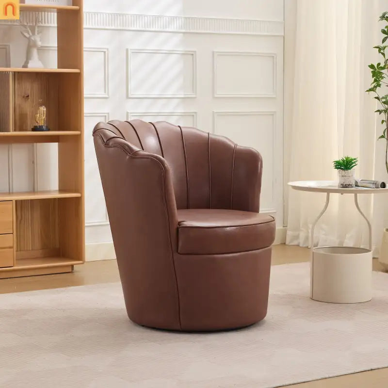 Wingback Swivel Chair Genuine Leather Brown 360 Degree Metal Base