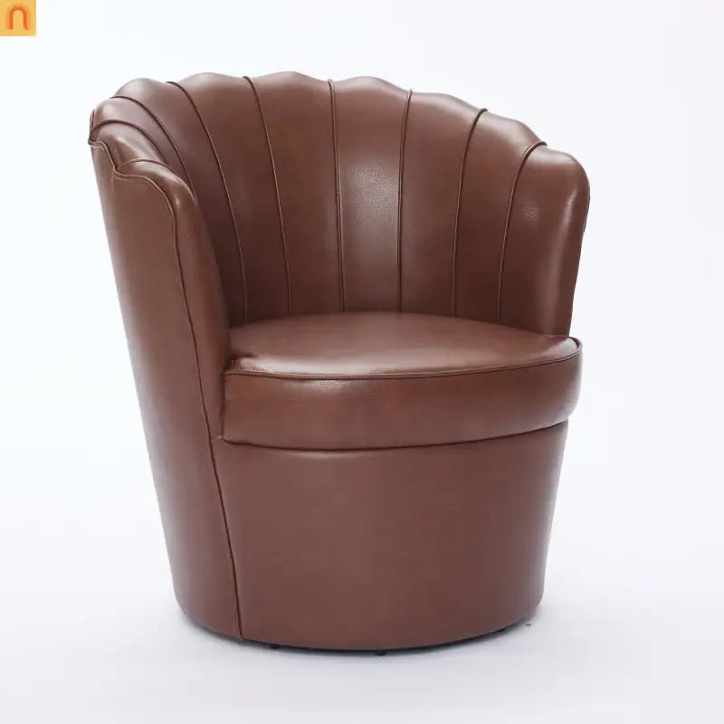 Wingback Swivel Chair Genuine Leather Brown 360 Degree Metal Base