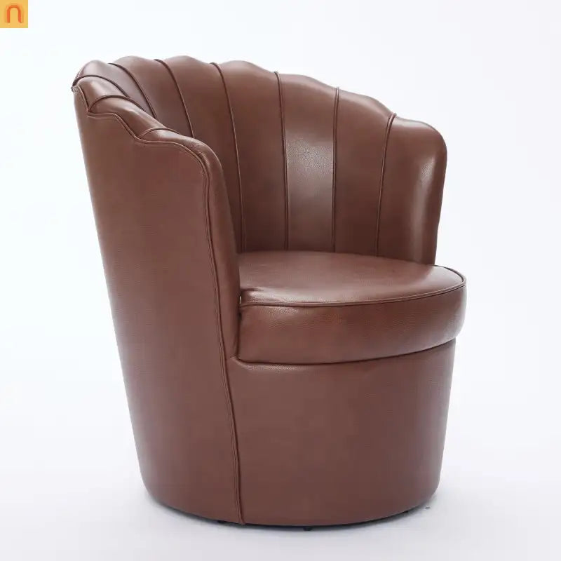 Wingback Swivel Chair Genuine Leather Brown 360 Degree Metal Base