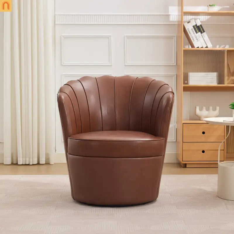 Wingback Swivel Chair Genuine Leather Brown 360 Degree Metal Base