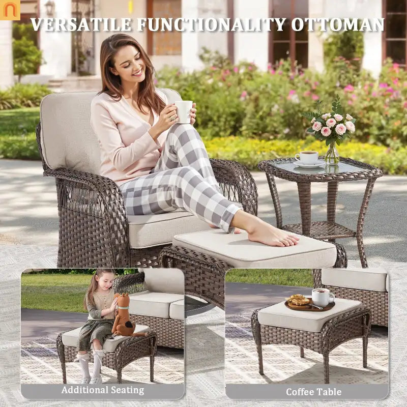 Ottomans Outdoor Pe Wicker Set of 2 Beige Cushions