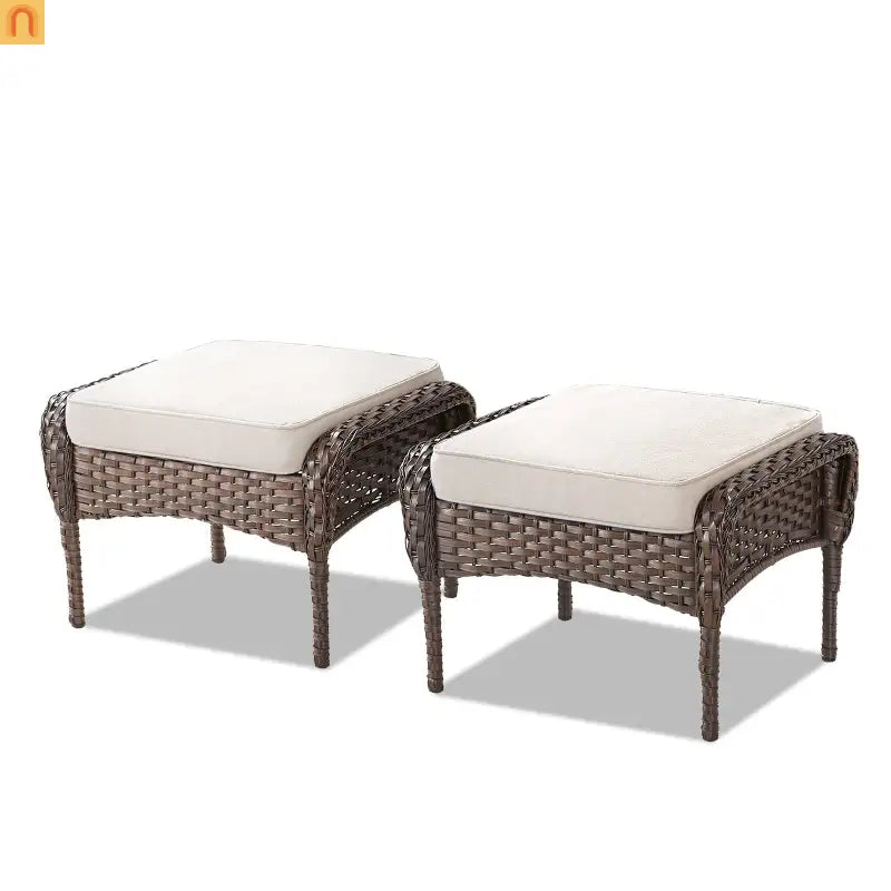 Ottomans Outdoor Pe Wicker Set of 2 Beige Cushions