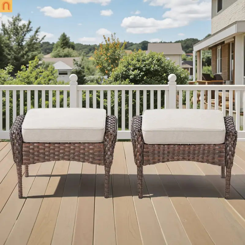 Ottomans Outdoor Pe Wicker Set of 2 Beige Cushions