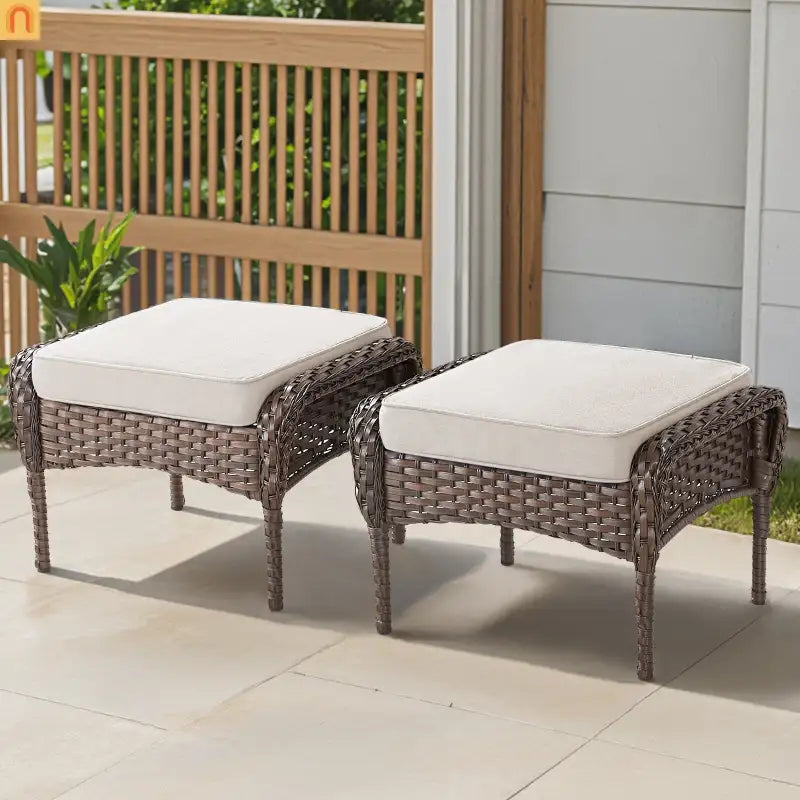 Ottomans Outdoor Pe Wicker Set of 2 Beige Cushions