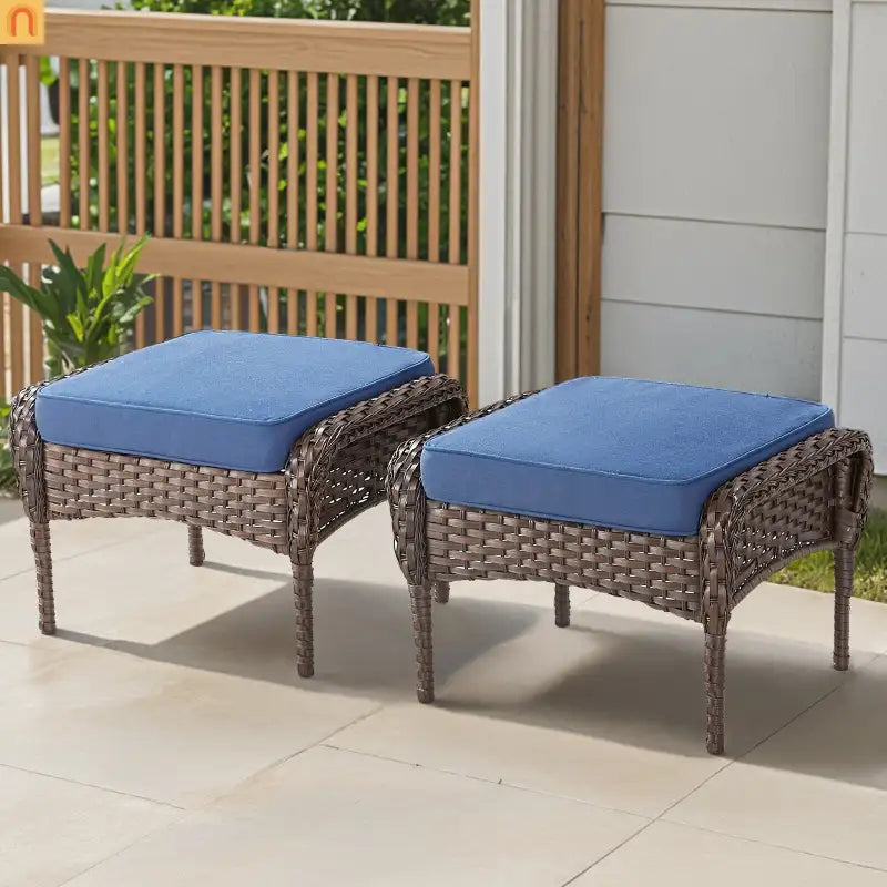 Outdoor Patio Ottomans Wicker Rattan Brown Set of 2 Footstools with Blue Cushions