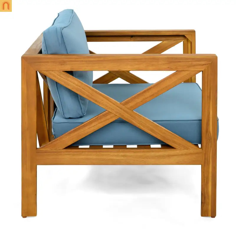 Outdoor Acacia Wood Club Armchair Set of 4 with Cushions Teak Finish Blue