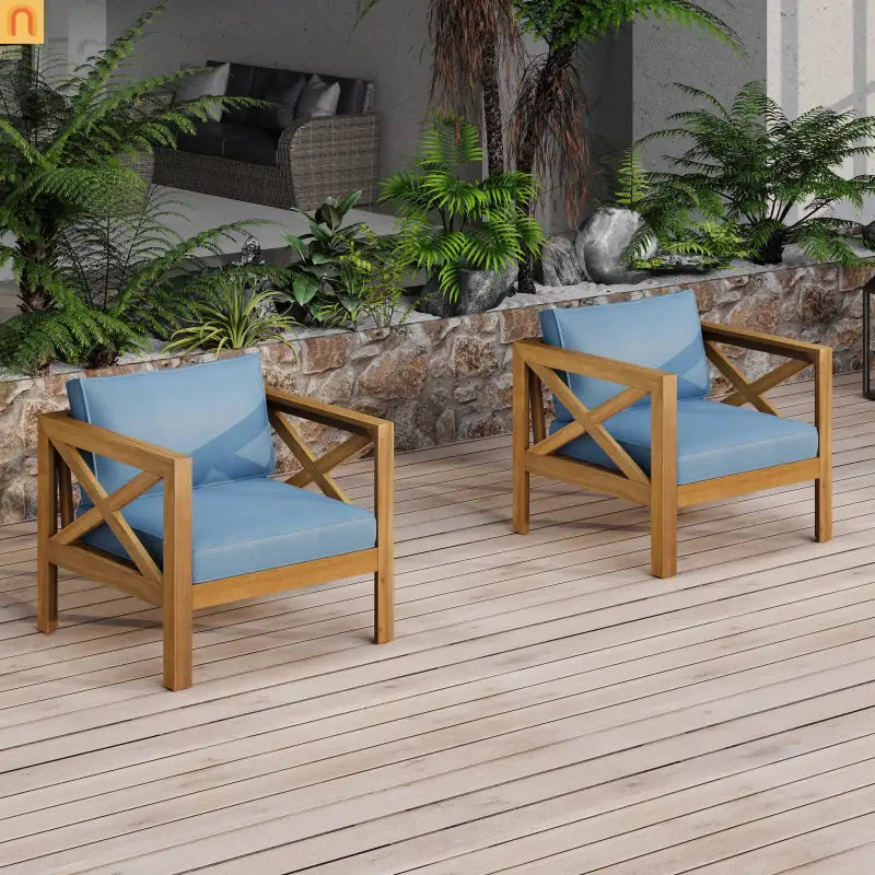 Outdoor Acacia Wood Club Armchair Set of 4 with Cushions Teak Finish Blue