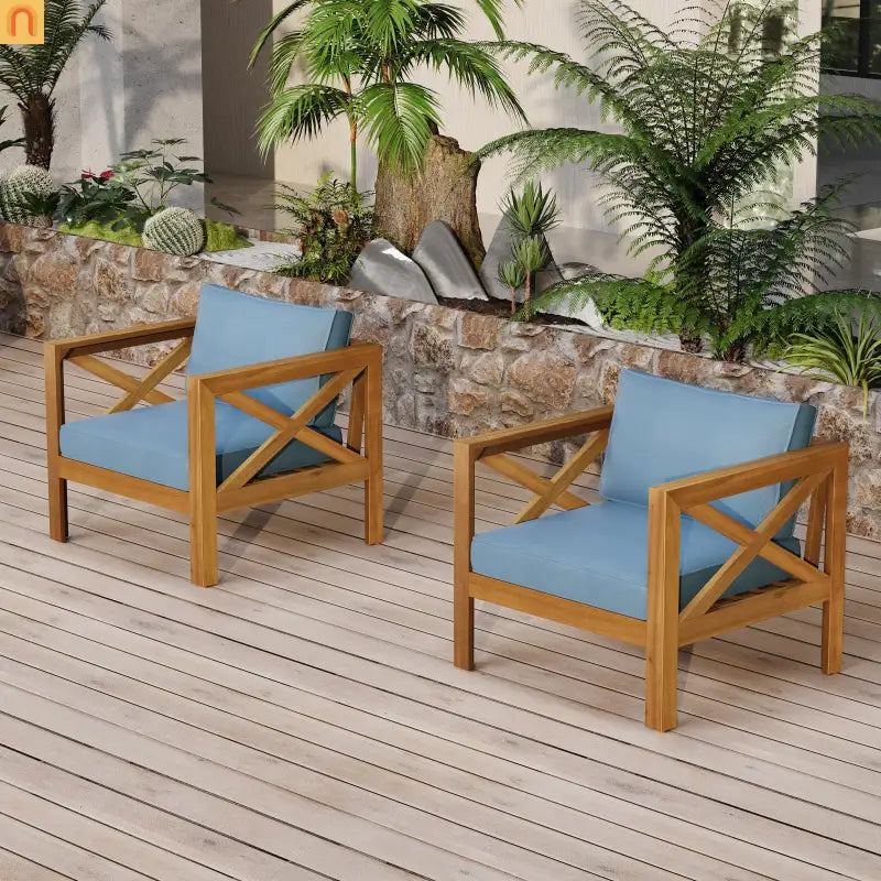 Outdoor Acacia Wood Club Armchair Set of 4 with Cushions Teak Finish Blue