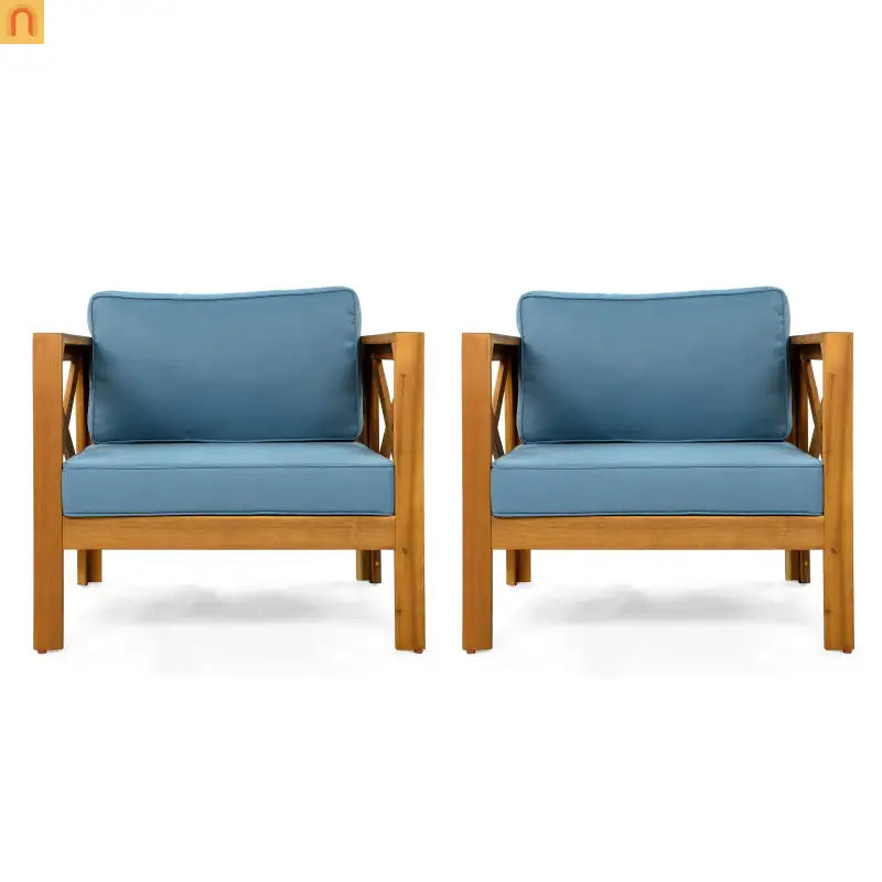 Outdoor Acacia Wood Club Armchair Set of 4 with Cushions Teak Finish Blue