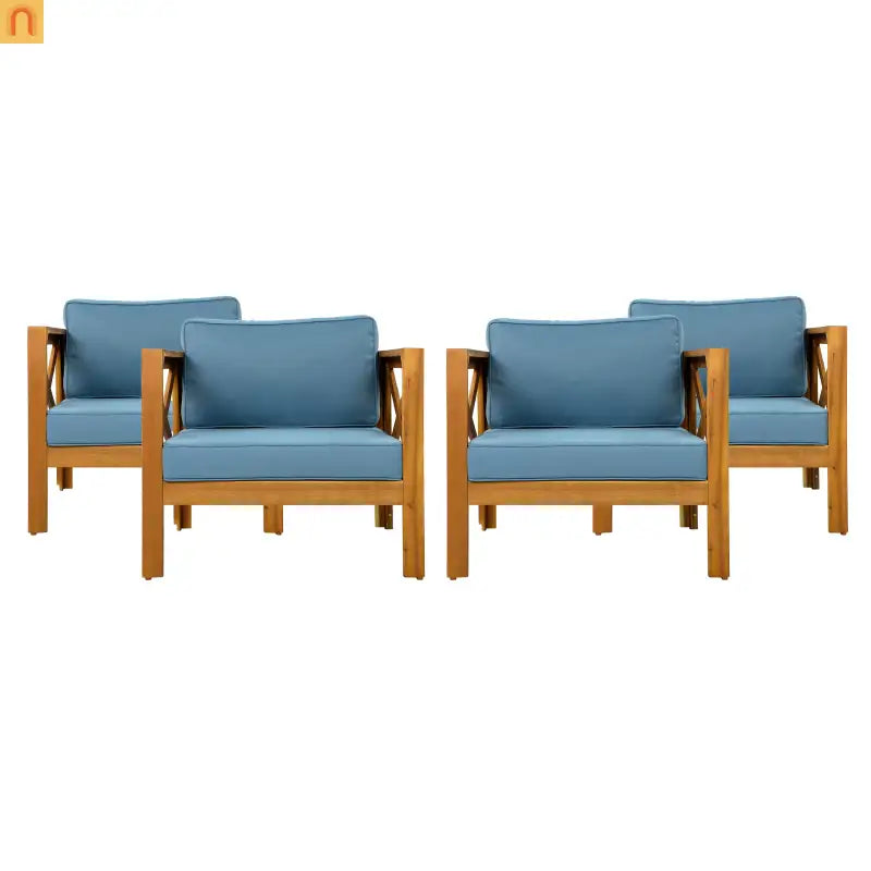Outdoor Acacia Wood Club Armchair Set of 4 with Cushions Teak Finish Blue