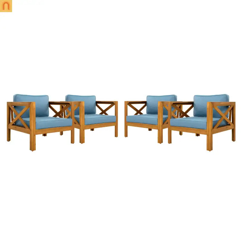 Outdoor Acacia Wood Club Armchair Set of 4 with Cushions Teak Finish Blue