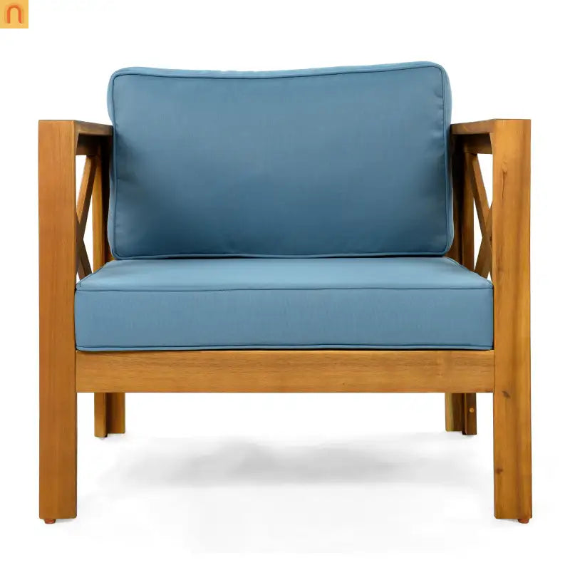 Outdoor Acacia Wood Club Armchair Set of 4 with Cushions Teak Finish Blue