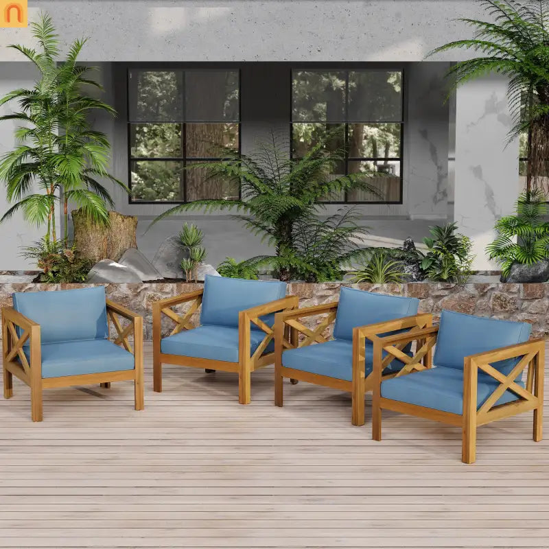 Outdoor Acacia Wood Club Armchair Set of 4 with Cushions Teak Finish Blue