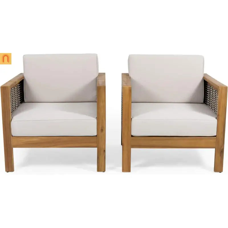 Outdoor Acacia Wood Club Chair Set of 2 with Wicker Accents Teak Finish