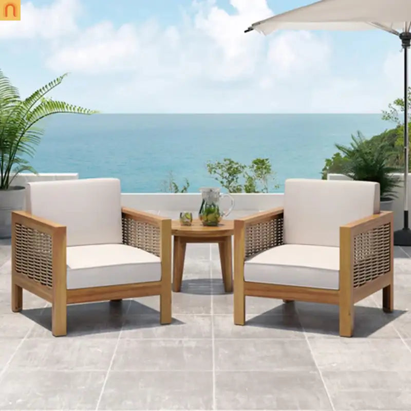 Outdoor Acacia Wood Club Chair Set of 2 with Wicker Accents Teak Finish