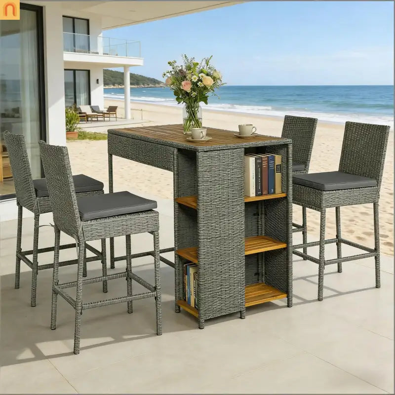 Outdoor Bar Set High Top Table Chairs Wicker 5 Piece