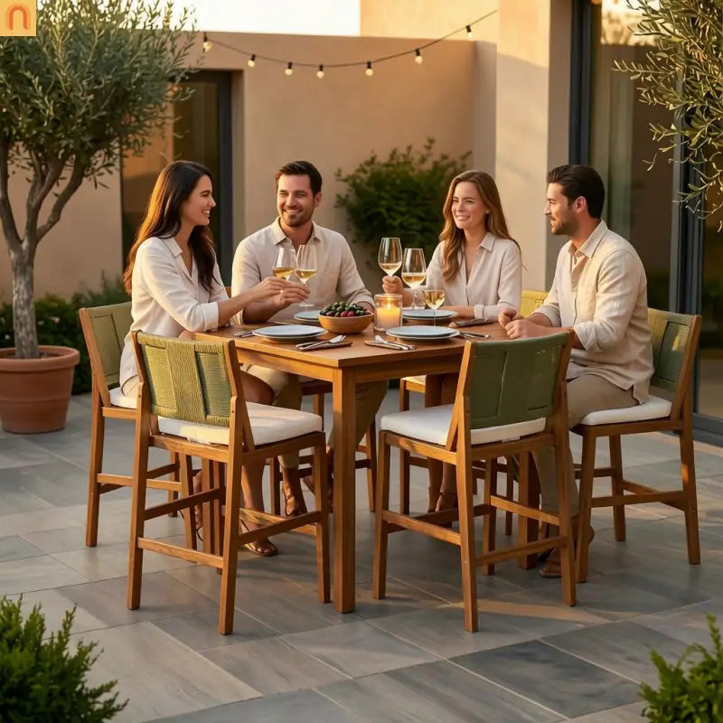 Outdoor Bar Stool Green Set of 4 with Acacia Wood and Woven Wicker
