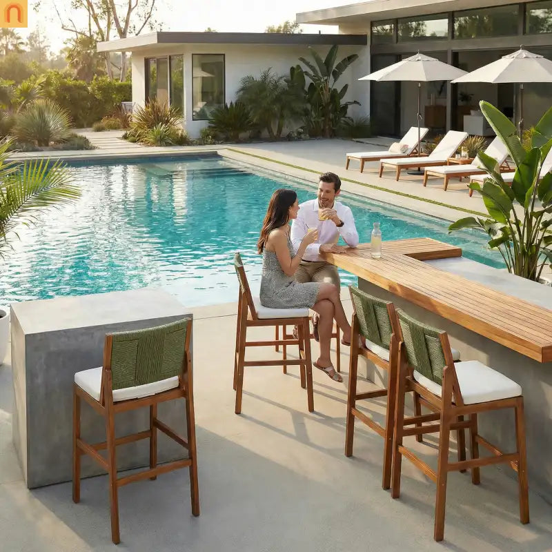 Outdoor Bar Stool Green Set of 4 with Acacia Wood and Woven Wicker
