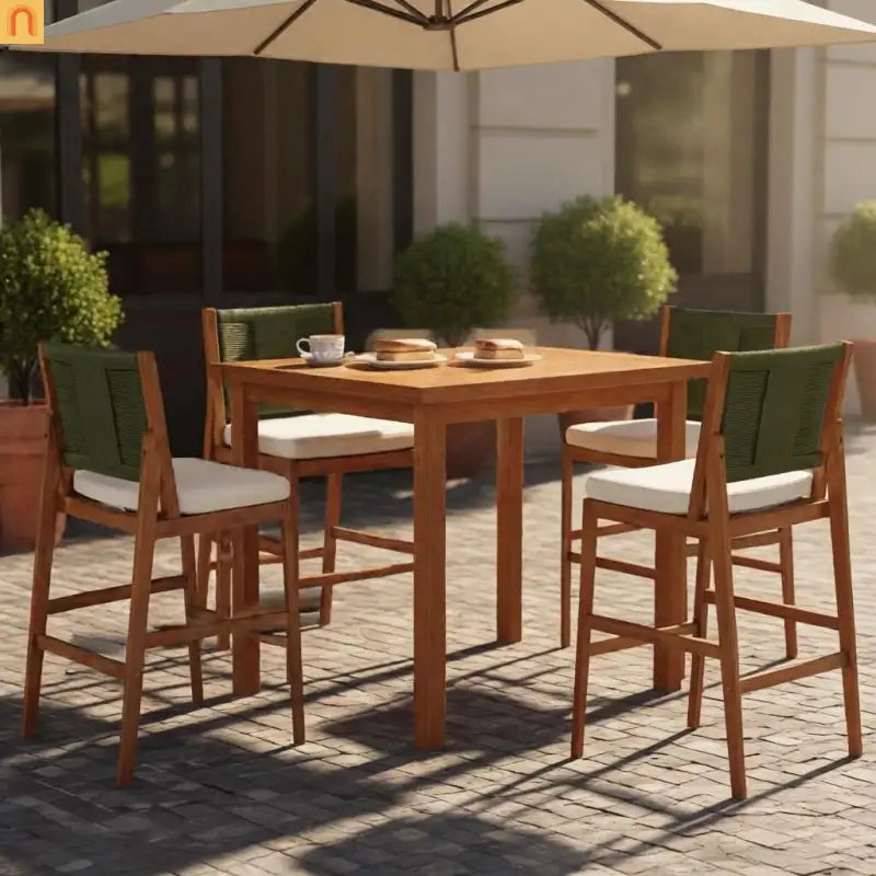 Outdoor Bar Stool Green Set of 4 with Acacia Wood and Woven Wicker