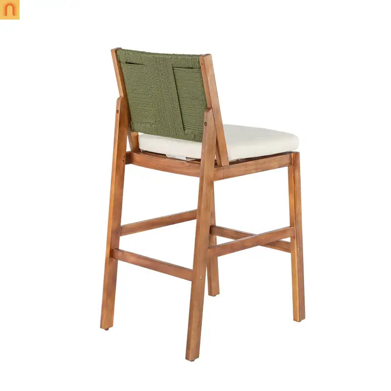 Outdoor Bar Stool Green Set of 4 with Acacia Wood and Woven Wicker