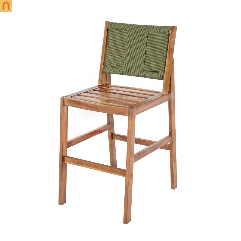 Outdoor Bar Stool Green Set of 4 with Acacia Wood and Woven Wicker