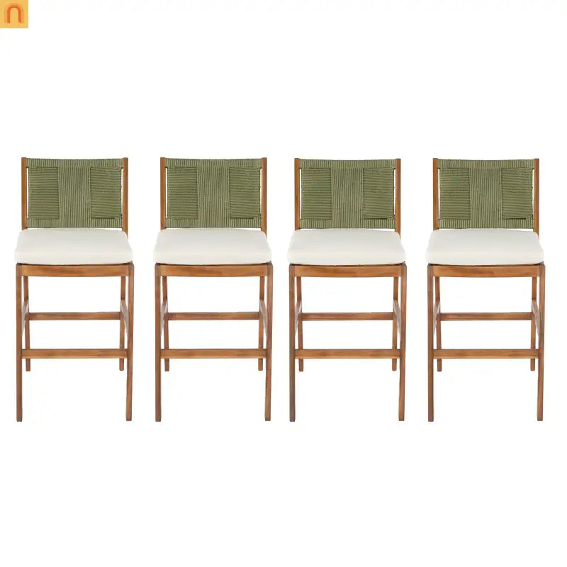 Outdoor Bar Stool Green Set of 4 with Acacia Wood and Woven Wicker