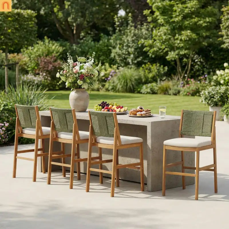 Outdoor Bar Stool Green Set of 4 with Acacia Wood and Woven Wicker