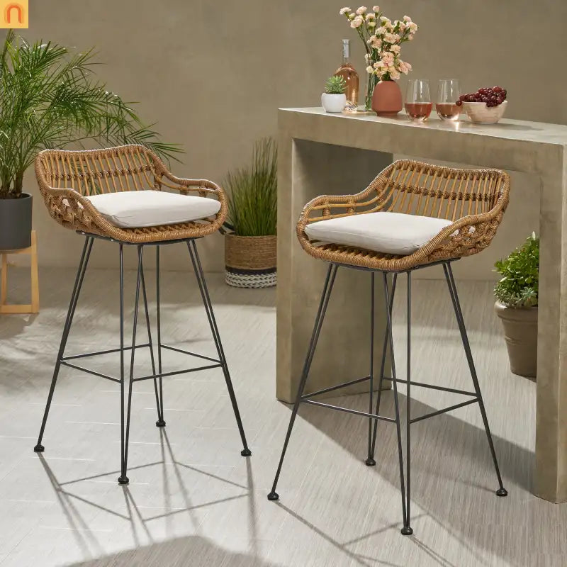 Outdoor Bar Stool Modern Rattan Upholstered Brown with Metal Legs 38 in High