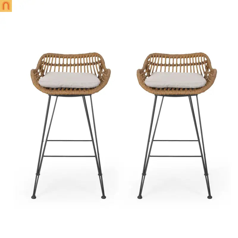 Outdoor Bar Stool Modern Rattan Upholstered Brown with Metal Legs 38 in High