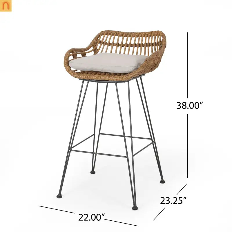 Outdoor Bar Stool Modern Rattan Upholstered Brown with Metal Legs 38 in High