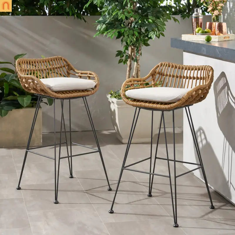 Outdoor Bar Stool Modern Rattan Upholstered Brown with Metal Legs 38 in High