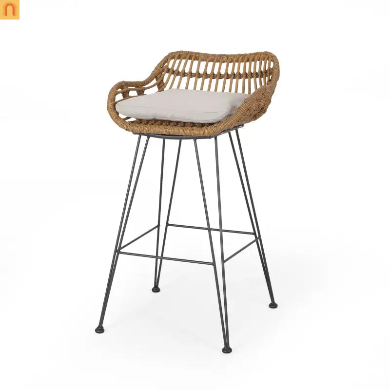 Outdoor Bar Stool Modern Rattan Upholstered Brown with Metal Legs 38 in High