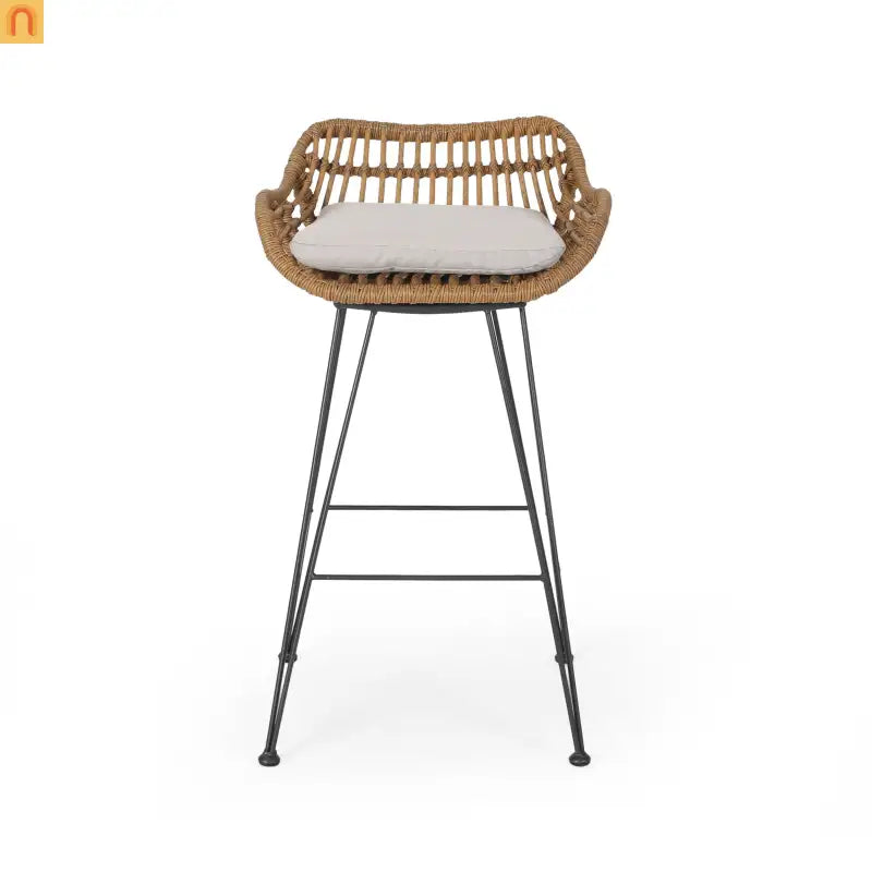 Outdoor Bar Stool Modern Rattan Upholstered Brown with Metal Legs 38 in High
