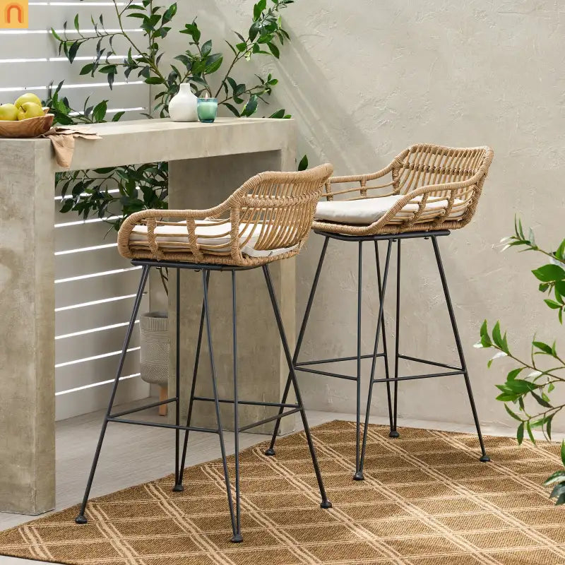 Outdoor Bar Stool Modern Rattan Upholstered Brown with Metal Legs 38 in High