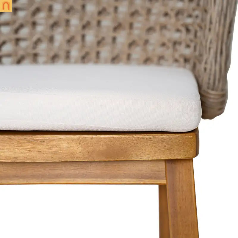 Outdoor Bar Stools Pair, Acacia Wood Teak Finish, Beige Cushions, Wicker Back