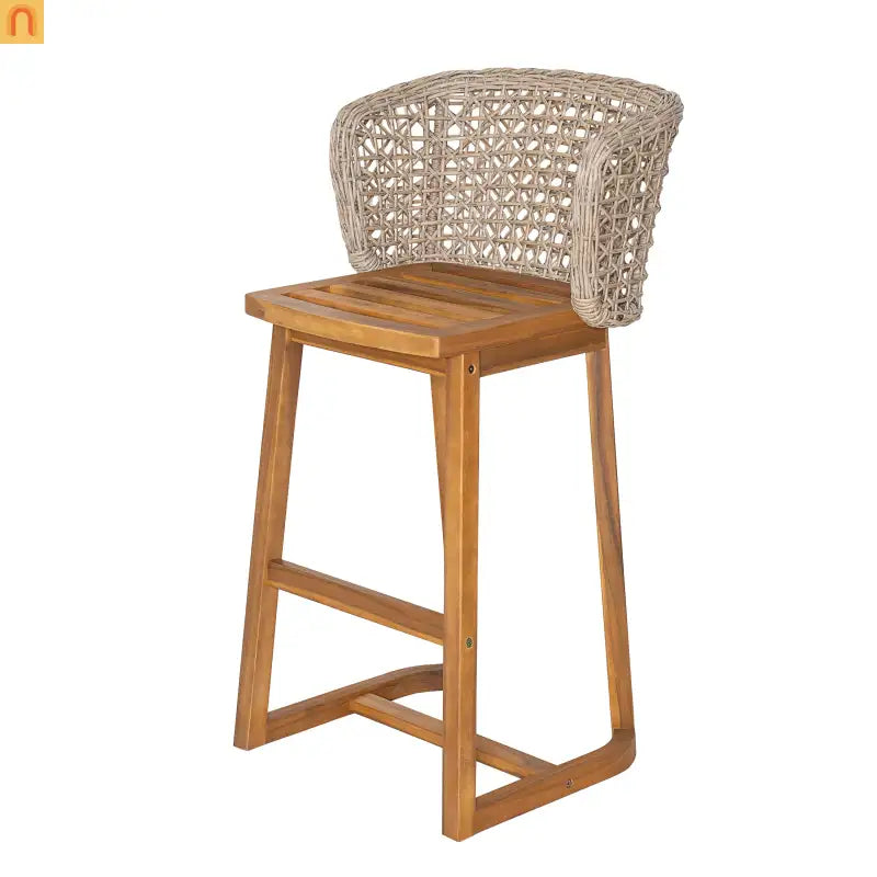 Outdoor Bar Stools Pair, Acacia Wood Teak Finish, Beige Cushions, Wicker Back