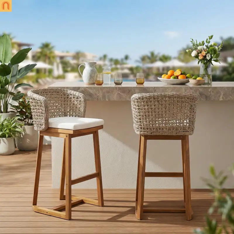 Outdoor Bar Stools Pair, Acacia Wood Teak Finish, Beige Cushions, Wicker Back