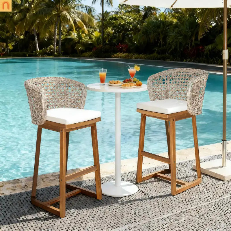 Outdoor Bar Stools Pair, Acacia Wood Teak Finish, Beige Cushions, Wicker Back
