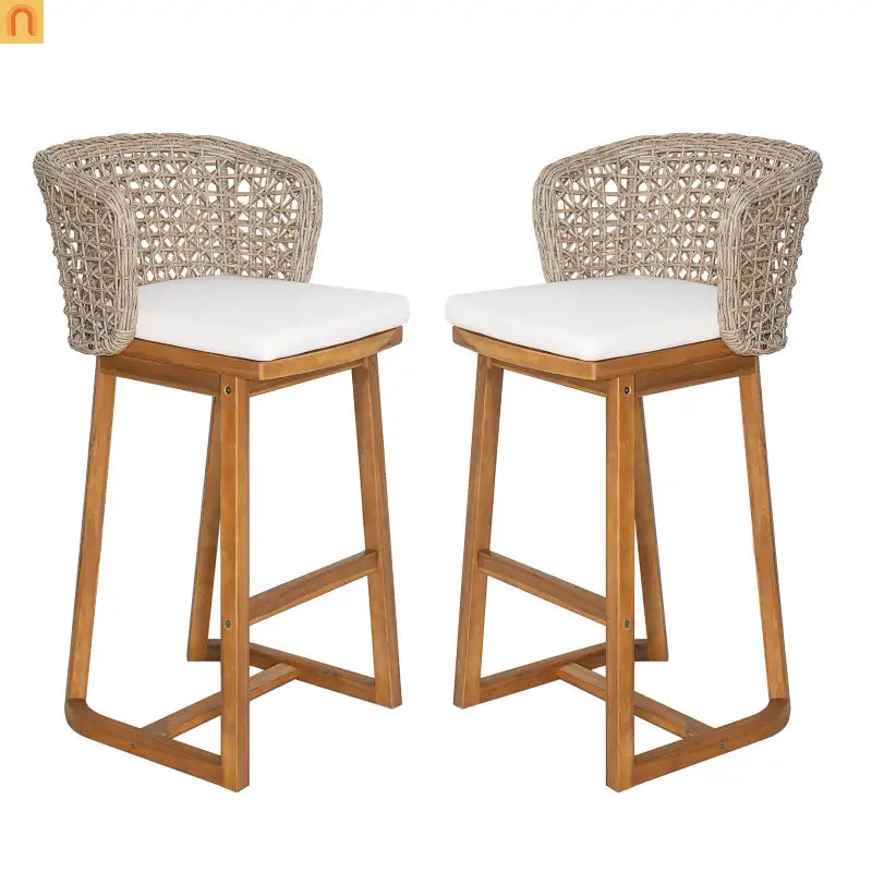 Outdoor Bar Stools Pair, Acacia Wood Teak Finish, Beige Cushions, Wicker Back